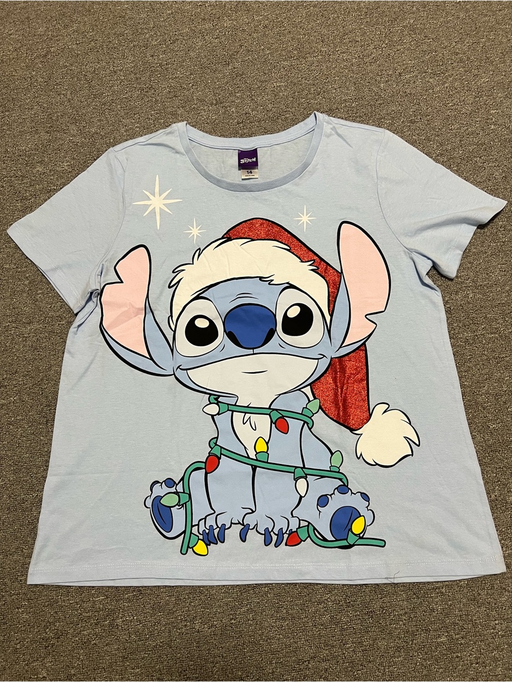 Disney Light Blue Stitch Christmas Lights Graphic Tee Women’s Size 14